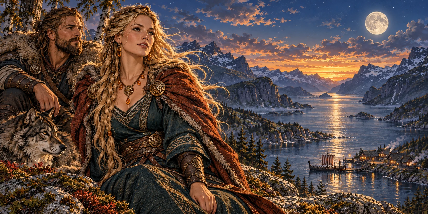 A moonlit Nordic couple beside a fjord, from LunarSolar's illustrated world