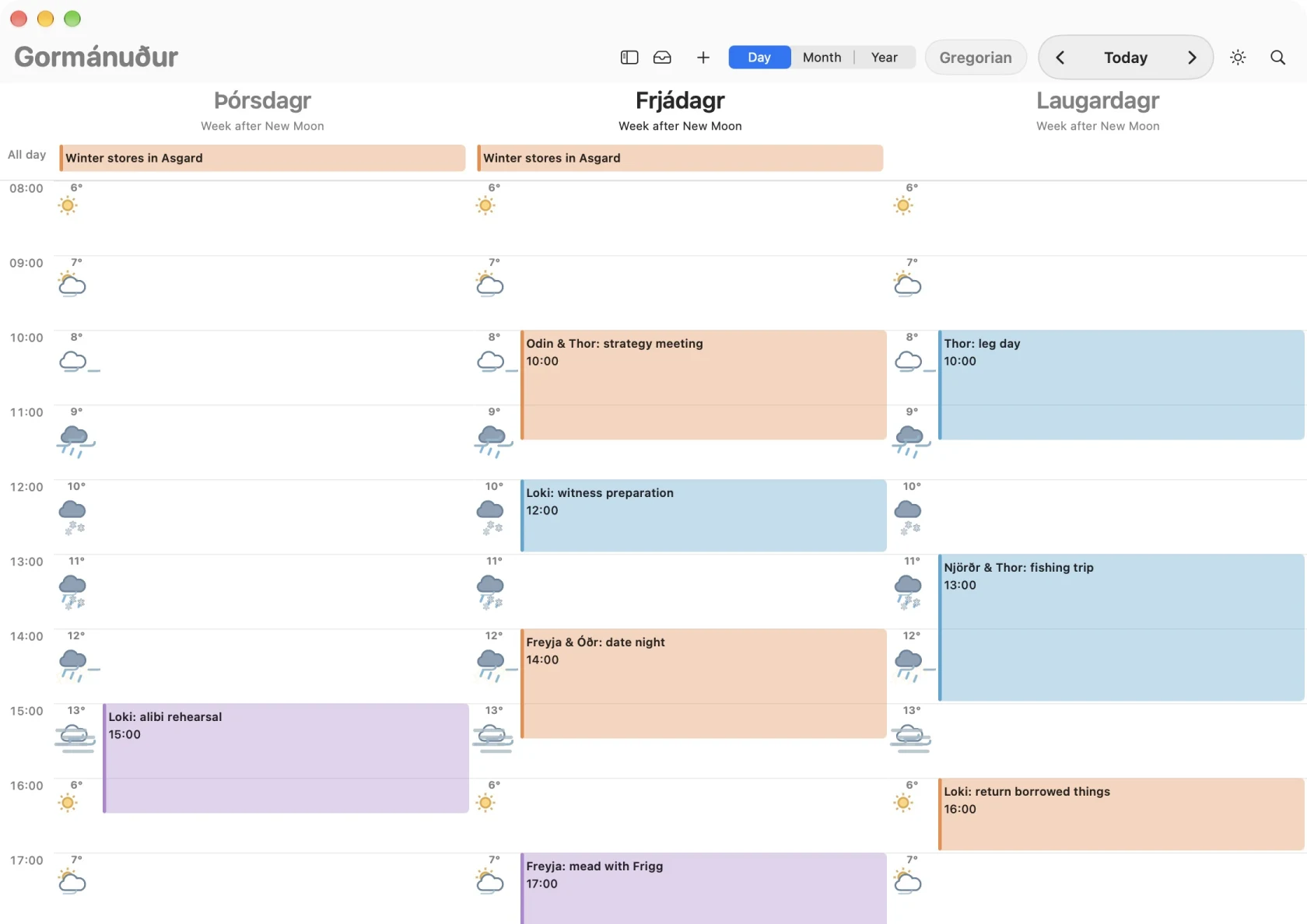 Actual Mac Calendar three-day timeline with fictional Norse events