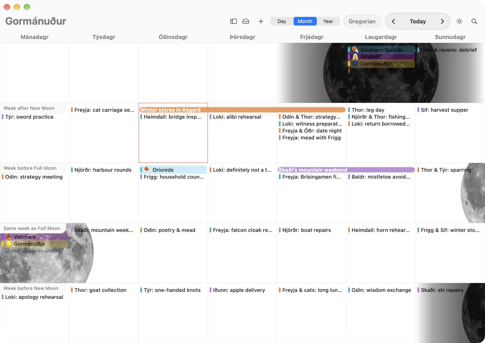 LunarSolar's actual Mac month view, with new and full moons behind fictional Norse plans