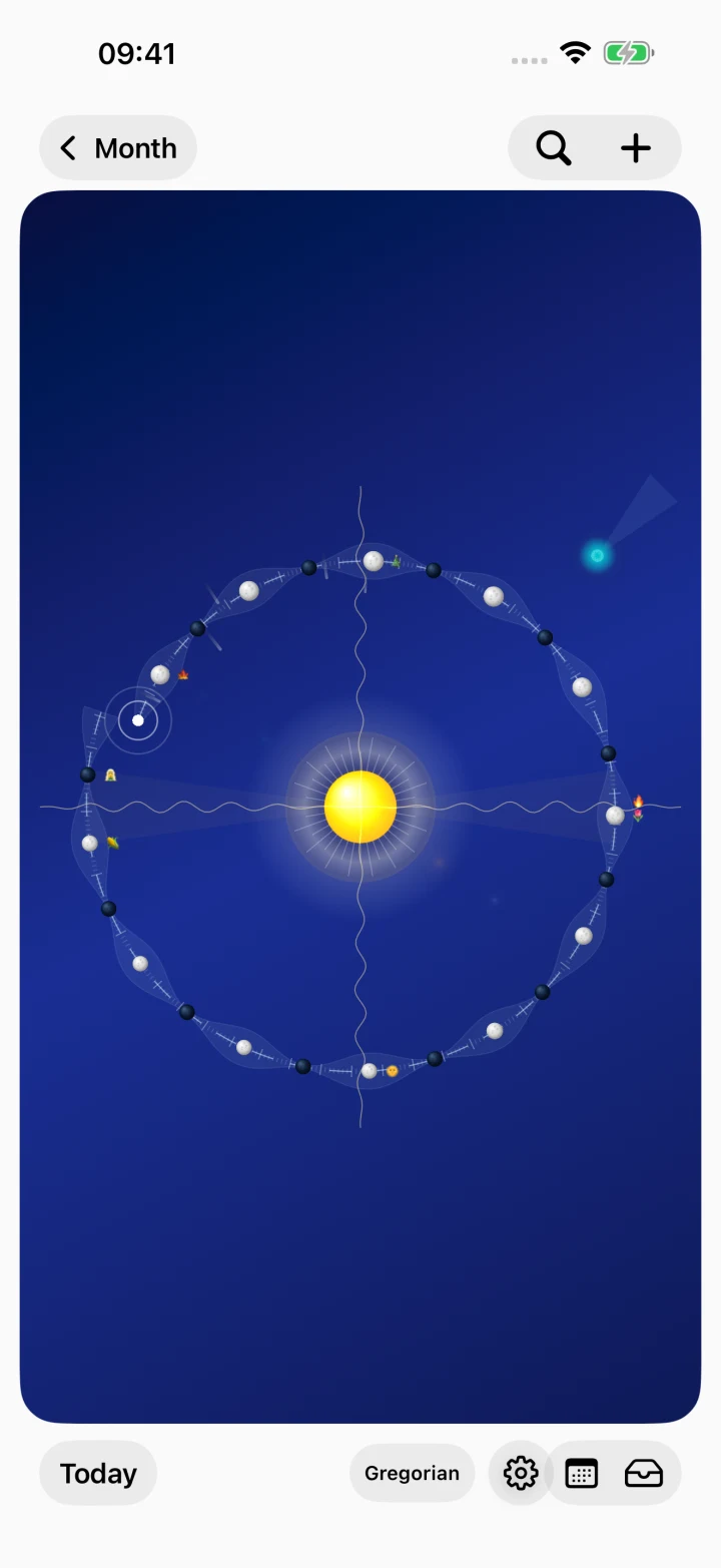 Actual iPhone Year Wheel: moons, Sun and seasonal turning points