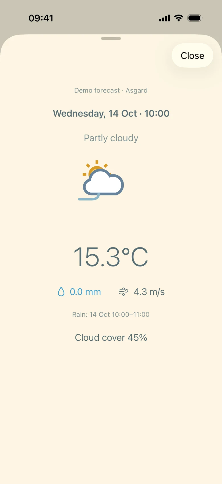 Actual iPhone Weather hourly detail using a sample forecast
