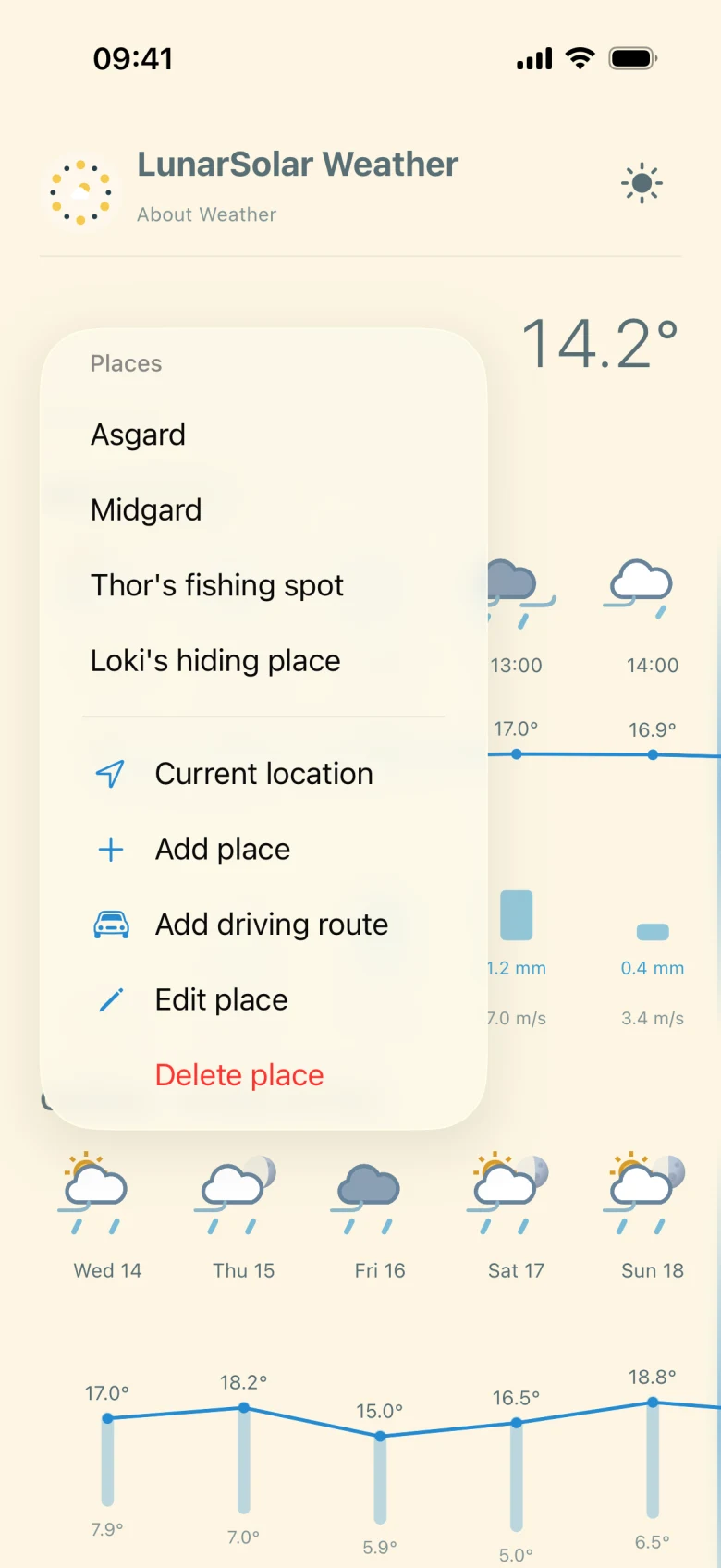 Actual iPhone Weather saved places with demo locations Asgard and Midgard
